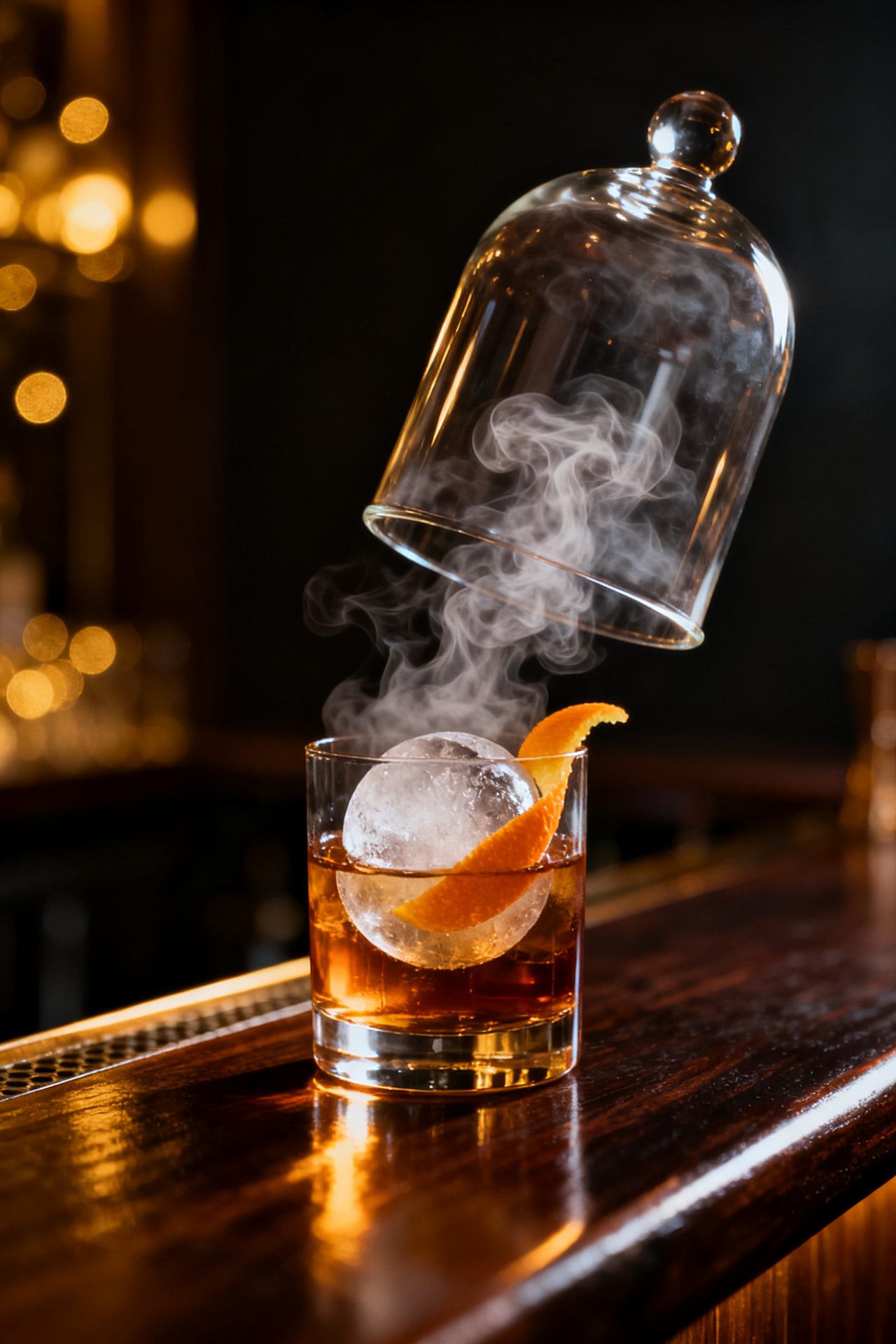 Smoked old fashioned under a glass cloche