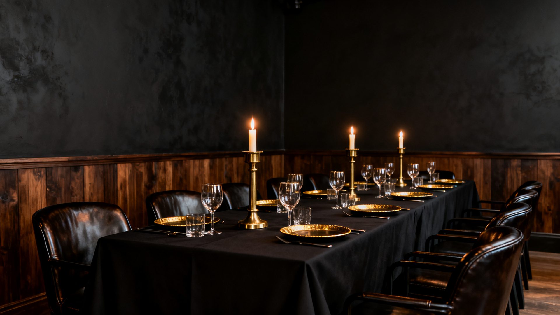 Private event table set with candles and gold-rimmed glassware