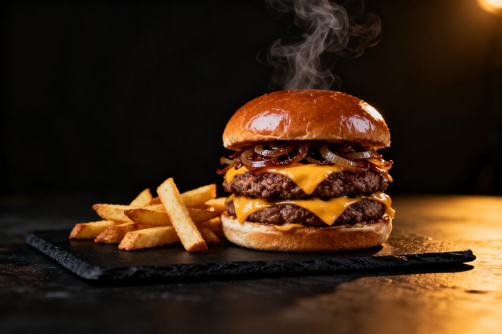 Double smash burger with fries on black slate